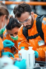 Scientists in protective gear conducting laboratory analysis with focus on COVID-19 virus research and development.