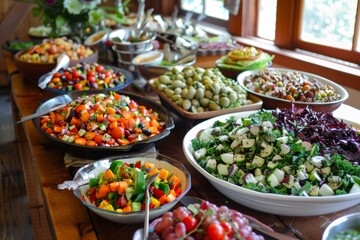 Obraz premium Colorful Vegetable Dishes Spread on Dining Table for Nutritious Feast