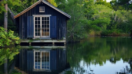 Obraz premium lakeside cabin with deep navy Bahama shutters, reflecting the tranquility of the water