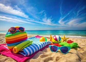 Obraz premium Colorful beach towels, sunglasses, and inflatables scattered on sandy beach floor, with ample copy space, perfect for summer vacation or travel advertisements.