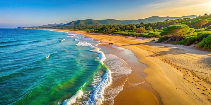 Serene morning scene of Gava Beach, soft golden sand stretches along the shoreline, surrounded by calm turquoise water and lush green Mediterranean hills.