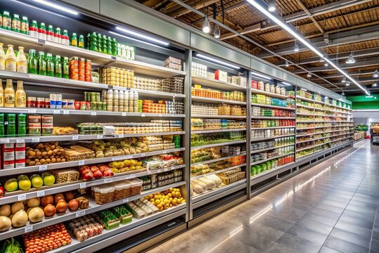 Modern well-lit supermarket interior with neat rows of fully stocked shelves displaying various food and household products in a sleek and clean environment.