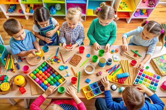 Vibrant collage of diverse toddler-friendly materials and toys, showcasing creative activities, art projects, and learning tools for international childcare programs' educational settings.