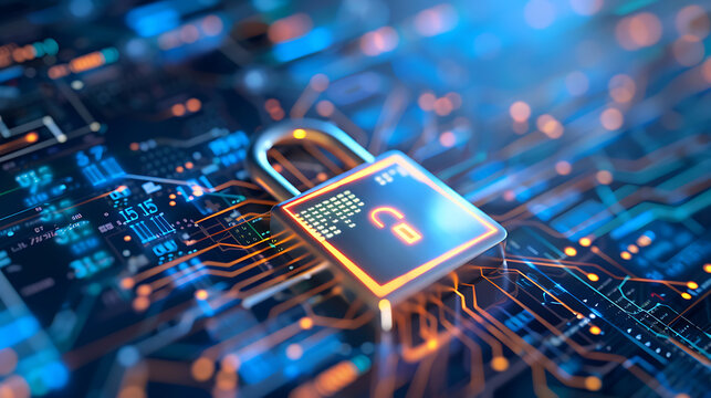 Cyber security and information technology concept. Padlock on circuit board. 