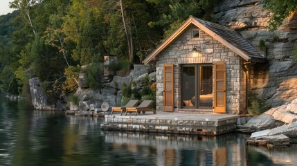 lakeside retreat with Bahama shutters in natural stone colors, blending the building into its serene, rocky surroundings