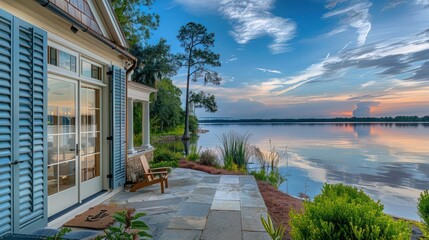 Fototapeta premium lakeside retreat with Bahama shutters in watery blue, mirroring the calm lake surface