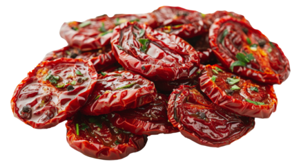 Close-up of sun-dried tomatoes with herbs and spices, cut out - stock png.