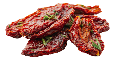 Closeup of sun-dried tomatoes with rosemary, cut out - stock png.