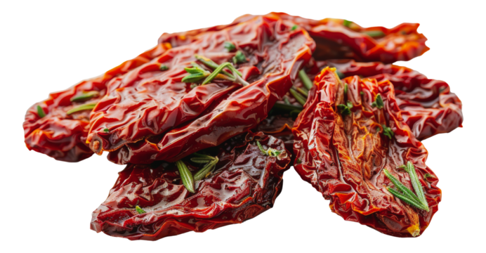 Closeup of sun-dried tomatoes with rosemary, cut out - stock png.