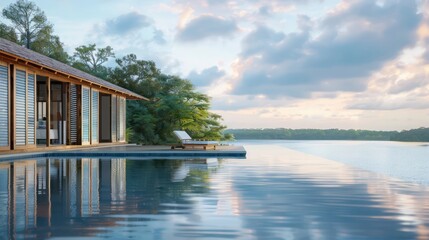 lakeside retreat with Bahama shutters in sky blue, mirroring the color of the water and sky for a seamless integration into the scenic location
