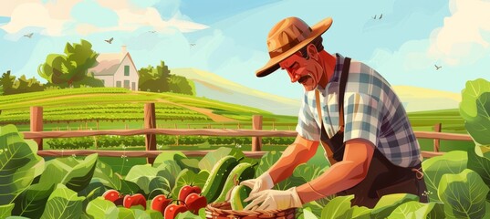 Organic Farming Harvest with Fresh Tomatoes and Cucumbers in a Lush Countryside Farm