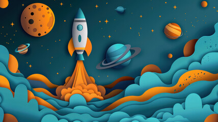 Paper Cut Style Rocket and Planets Illustration