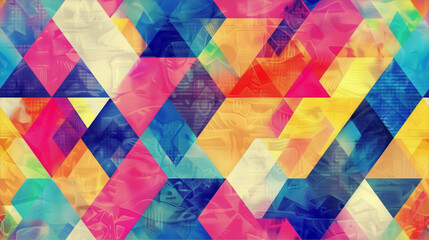 A vivid and dynamic geometric pattern featuring interlocking triangles in bright, bold colors creating a modern feel.