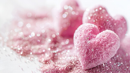 Close up of pink glitter hearts on sparkling background, Copy space ,Valentines Day, Romantic Concept,Marmalade hearts covered with sugar on a sparkling  pink background
