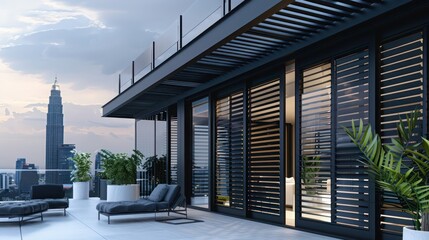 Fototapeta premium luxury penthouse with matte black Bahama shutters, offering sleek privacy and a modern edge against a city skyline