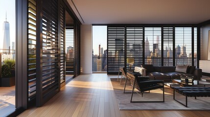 Fototapeta premium luxury penthouse with matte black Bahama shutters, offering sleek privacy and a modern edge against a city skyline