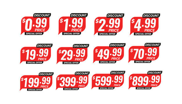 Discount price tag from 0.99 to 899.99 dollar set. Special sale offer advertising with price off label template. Save money with clearance purchase shop product price sticker. Vector illustration