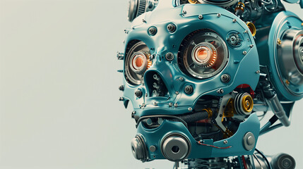 3D render of an elegant and creepy blue robot skull with many mechanical parts, intricate details, cinematic lighting, clean background, rendered in a hyper realistic, hyper detailed style.