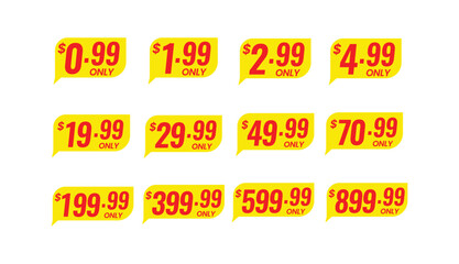 Discount price tag with important sale information. Product sticker with cheap price in dollar for merchandise in online shop, fashion marketplace vector illustration isolated on white background.