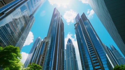 A city skyline with tall buildings and a large fountain in the middle