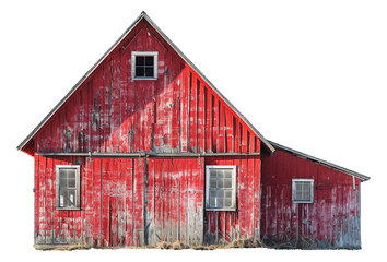 Classic red barn with weathered wood and windows, cut out - stock png.