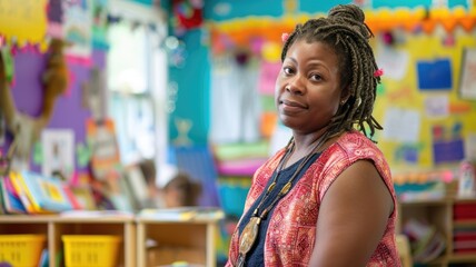 A confident teacher is in a colorful classroom, engaging students in various activities with enthusiasm AIG58