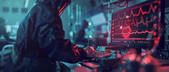 Closeup half body of a cardiologist performing an electrocardiogram ECG on a patient with Glow HUD big Icon of ECG waveform