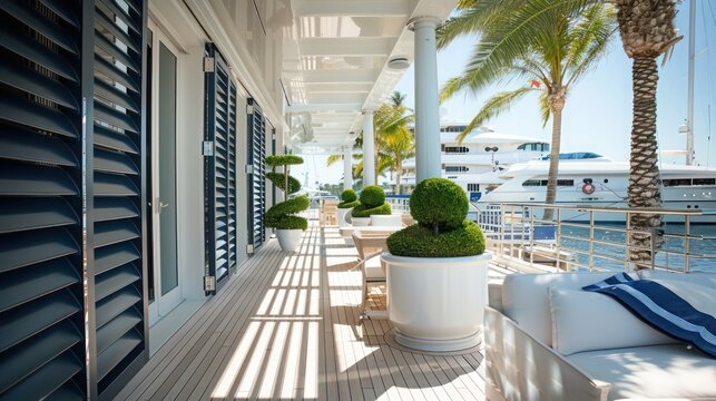 luxury yacht club with Bahama shutters in nautical navy, providing sun protection and privacy with a stylish maritime theme