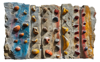 Colorful indoor climbing wall with holds, cut out - stock png.