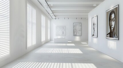 Fototapeta premium minimalist art gallery with Bahama shutters in pure white, focusing all attention on the displayed artworks