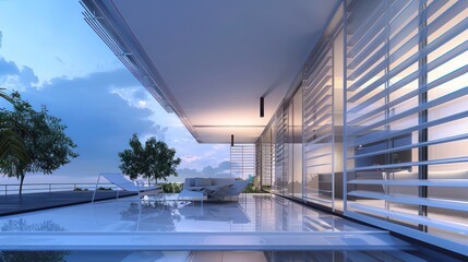 Obraz premium minimalist home with clear acrylic Bahama shutters, providing protection without obscuring the modern architecture