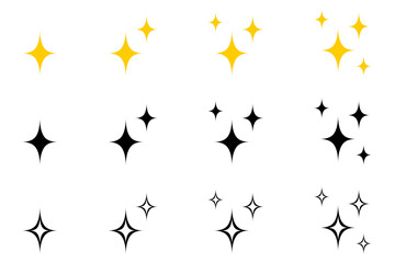 stars collection - sparkle star icon set - gold and black star icon set - different star shapes isolated on white background - sparkles vector pack