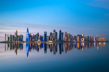 The Panoramic skyline of Doha, Qatar during sunset