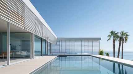 minimalist residence with transparent Bahama shutters, allowing uninterrupted views while protecting from the elements