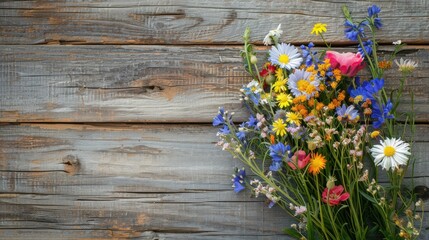 Fototapeta premium A beautiful bouquet of wildflowers against a rustic wooden background, showcasing vibrant colors and natural beauty.