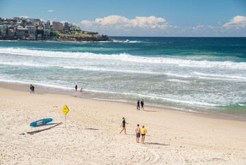 Picturesque golden sandy Bondi Beach in Sydney. Bondi beach is perfect place for surfers due to constantly rising high waves.
