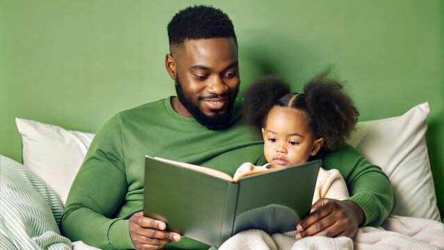 "Bedtime Stories": A cozy scene of a Black father reading a bedtime story to his daughter, creating a warm and loving atmosphere.	
