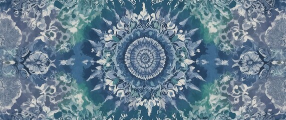 Cyan and white mandala pattern with floral elements in abstract design, reflecting tranquility and serenity in intricate art.