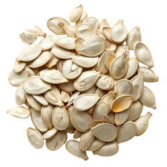 A pile of clean, white pumpkin seeds. Ideal for snacking, baking, or planting. Nutritious and delicious, loaded with vitamins and minerals.