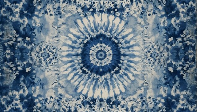 A blue and white tie-dye pattern featuring a central circular motif radiating intricate details for a calming look.