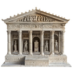 Obraz premium Ancient Greek temple model depicting classic architecture with columns, statues, and intricate carvings, representing cultural and historical heritage.