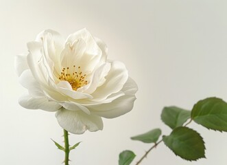 Obraz premium Pure White Rose with Golden Center, Close-up on a Blurred Background