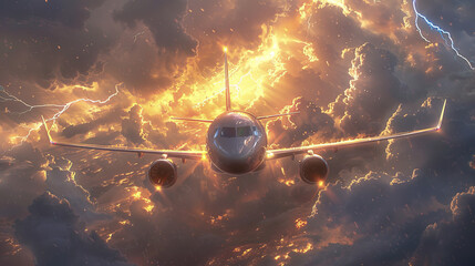 A plane is flying through a stormy sky with lightning bolts