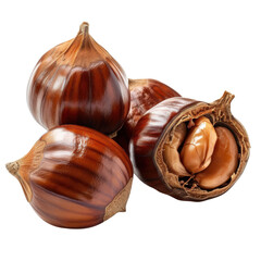 Close-up of fresh chestnuts with a split open one displaying their rich texture and color, perfect for culinary and seasonal imagery.