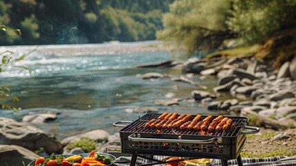 Scenic Riverside Picnic with Portable Grill Cooking Hotdogs and Vegetables for Barbecue