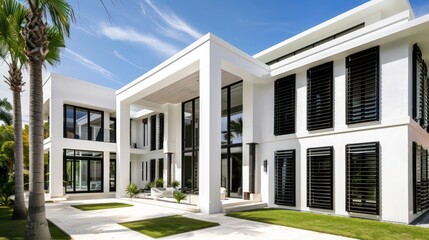 Fototapeta premium modernist mansion with black Bahama shutters, creating a striking contrast against its white walls