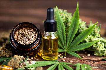 Medical marijuana, Oil cbd, cannabis and hemp leaves