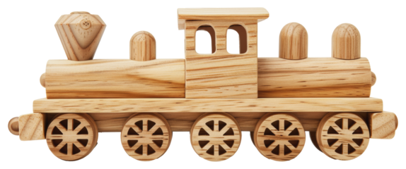 Wooden toy train with detailed wheels and caboose, cut out - stock png.