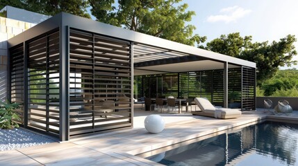 Obraz premium modernist pavilion with automated Bahama shutters, allowing for dynamic control over light and privacy in a sleek design