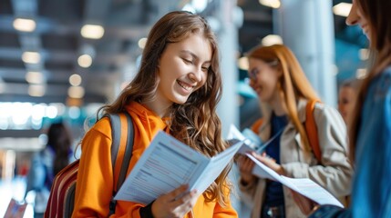 Happy female student showing test results to her friends while standing inside a building with clean floors and high ceilings.